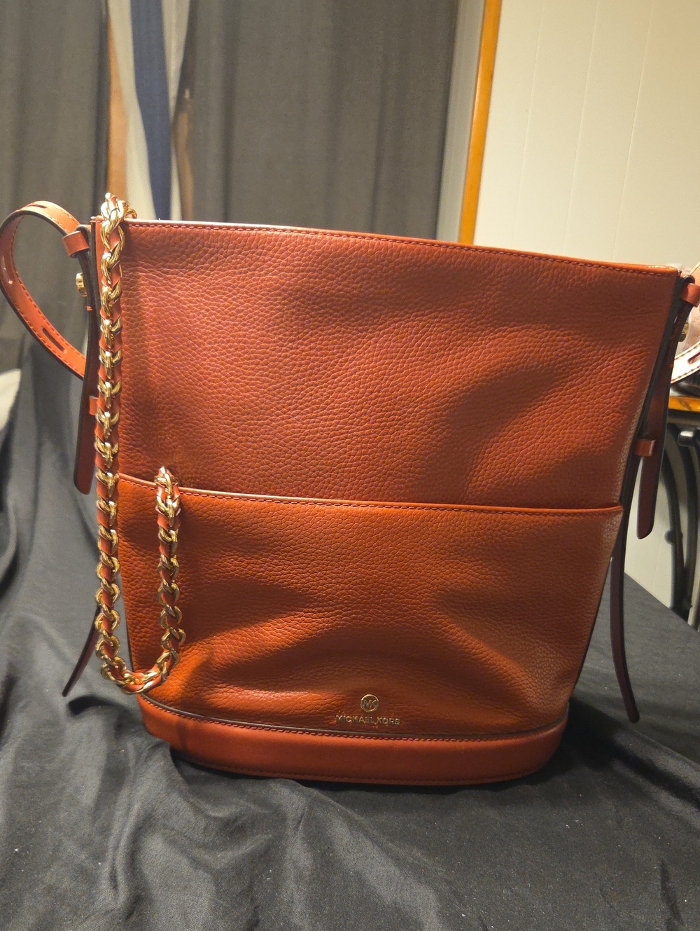 Michael Kors Pebbled Leather Bucket Shoulder Bag in Russet Brown with Gold Chain